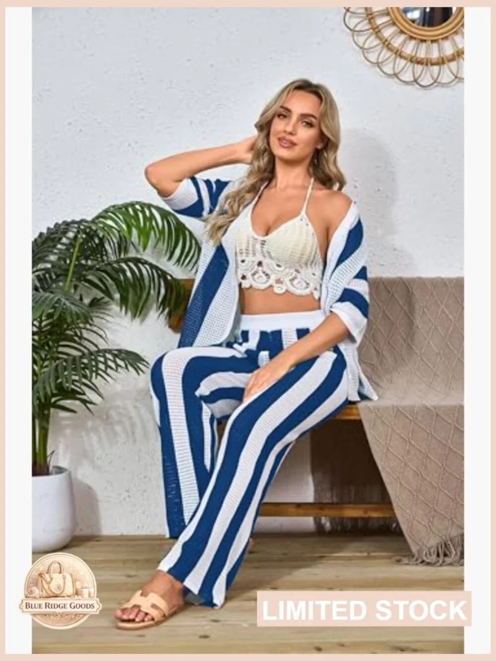 Crochet Two Piece Set Knit Hollow Out Button Down Shirts Matching Long Pants